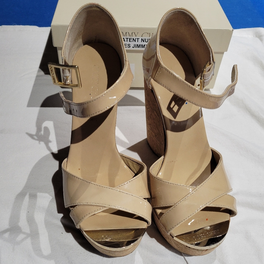 Jimmy Choo Patent Leather Nude Wedges.  Size 5